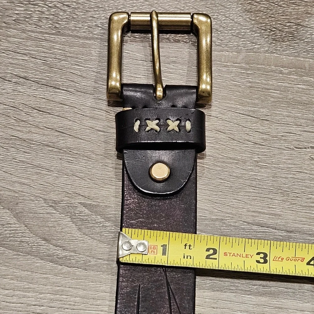 Handmade Black Italian Leather Belt XL Antique Brass Buckle Cross Stitch Rugged